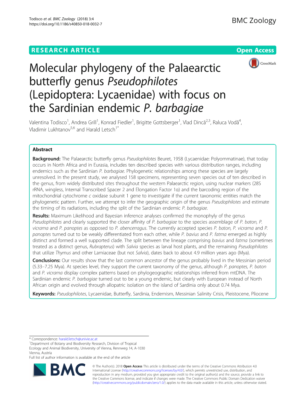 Molecular Phylogeny of the Palaearctic Butterfly Genus Pseudophilotes (Lepidoptera: Lycaenidae) with Focus on the Sardinian Endemic P