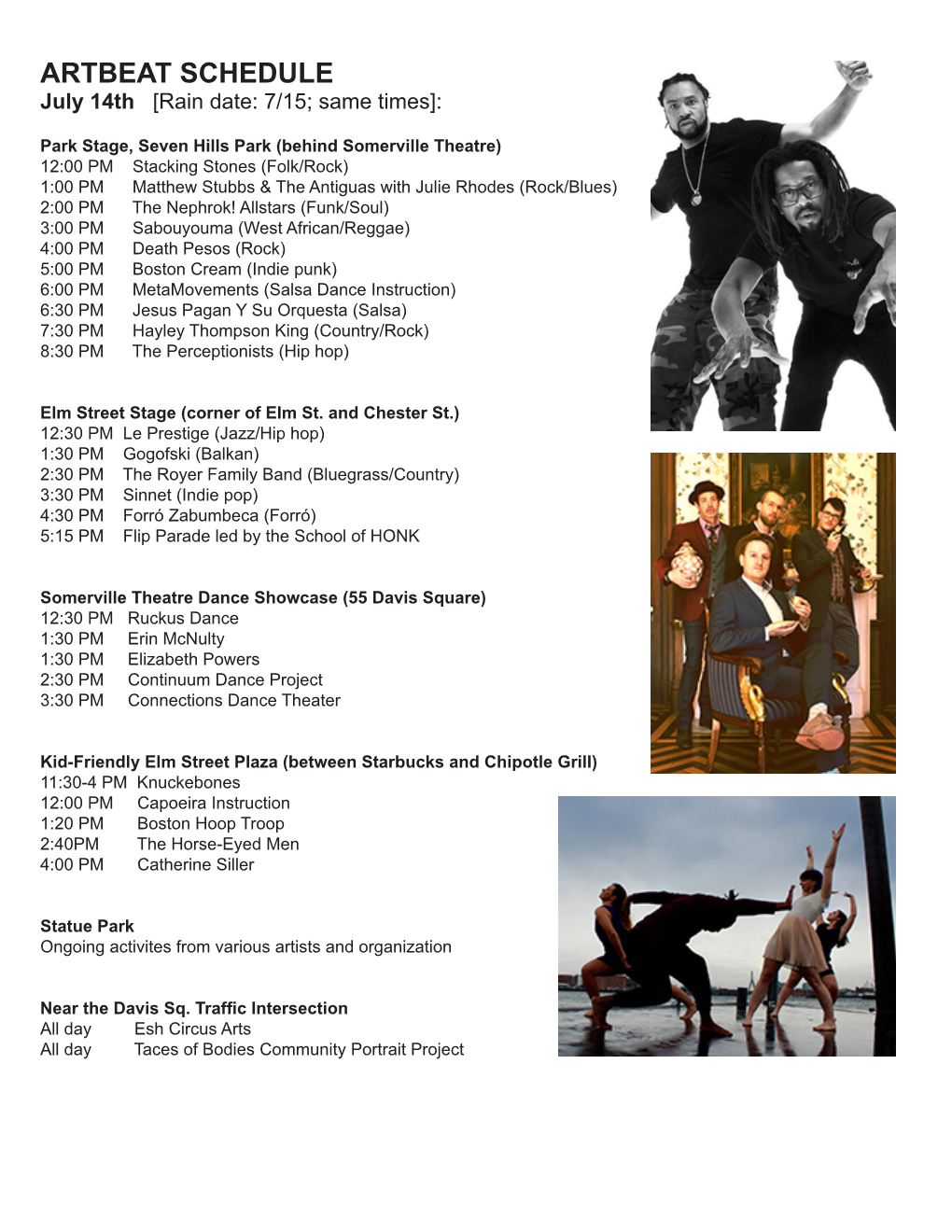 ARTBEAT SCHEDULE July 14Th [Rain Date: 7/15; Same Times]