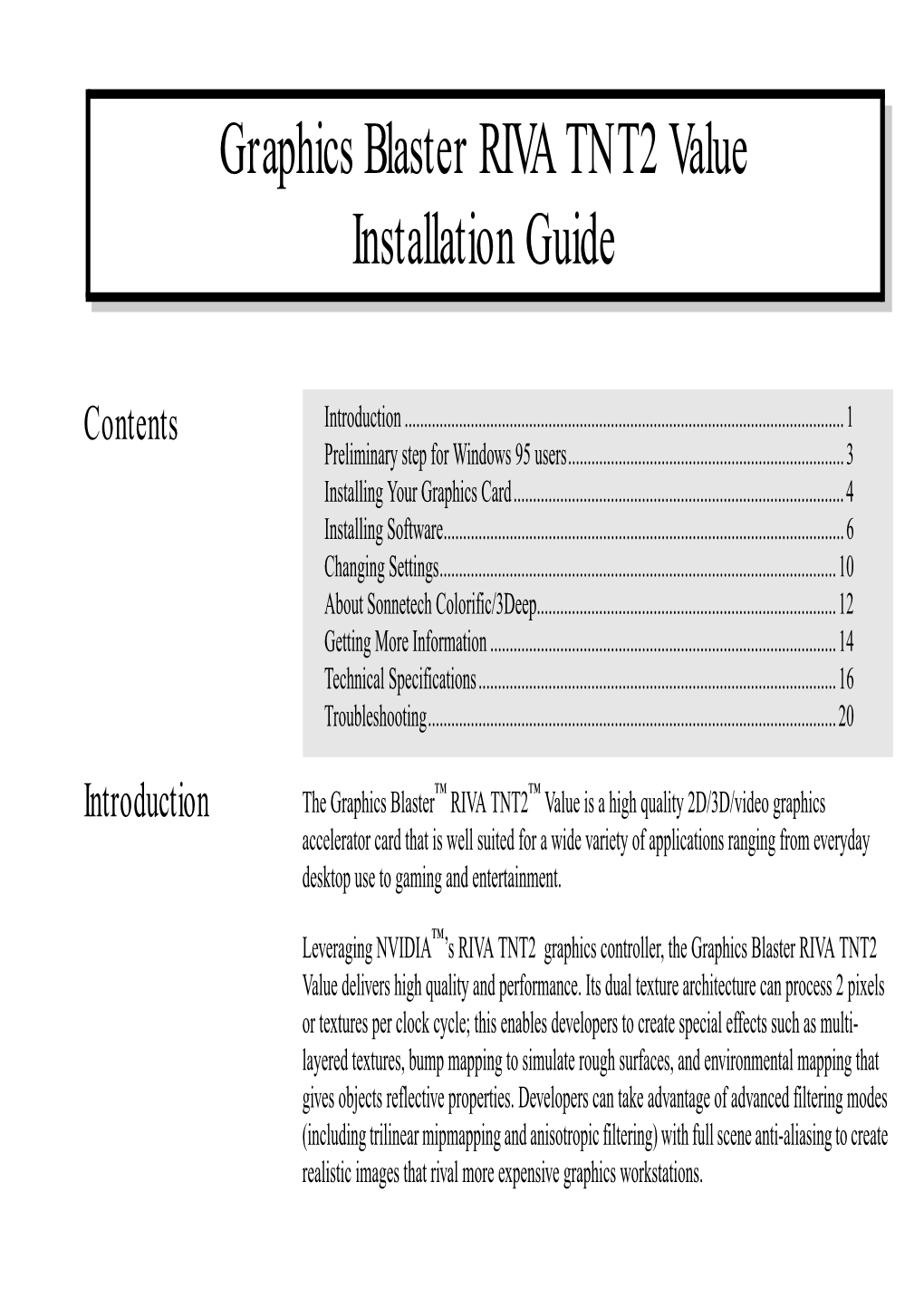 Graphics Blaster RIVA TNT2 Value Installation Guide