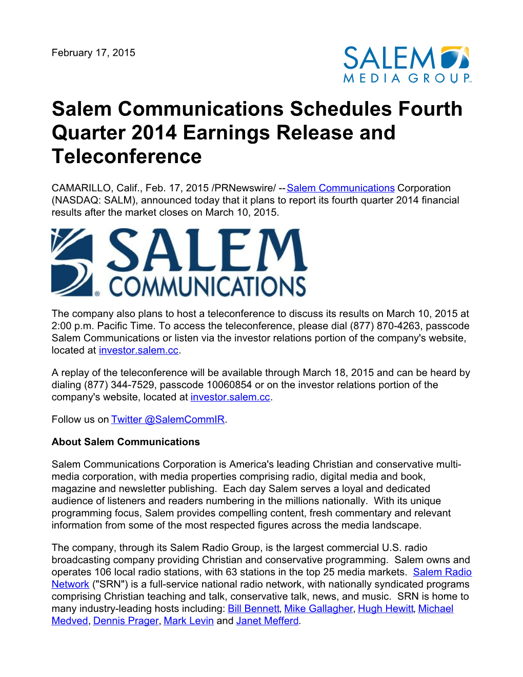 Salem Communications Schedules Fourth Quarter 2014 Earnings Release and Teleconference