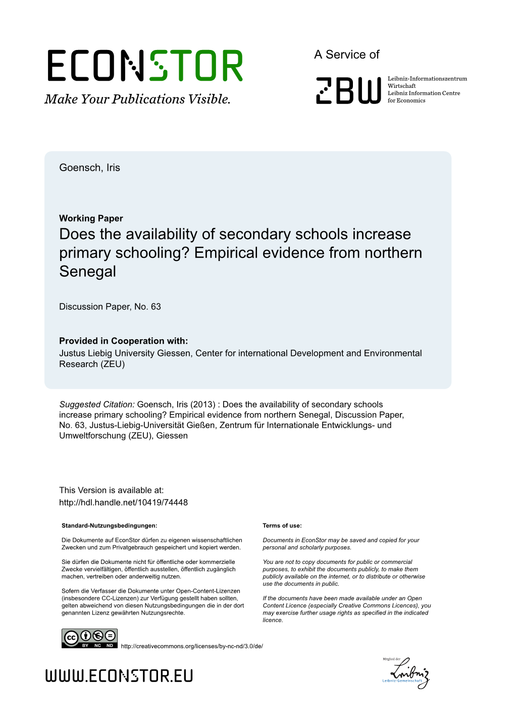 Does the Availability of Secondary Schools Increase Primary Schooling? Empirical Evidence from Northern Senegal