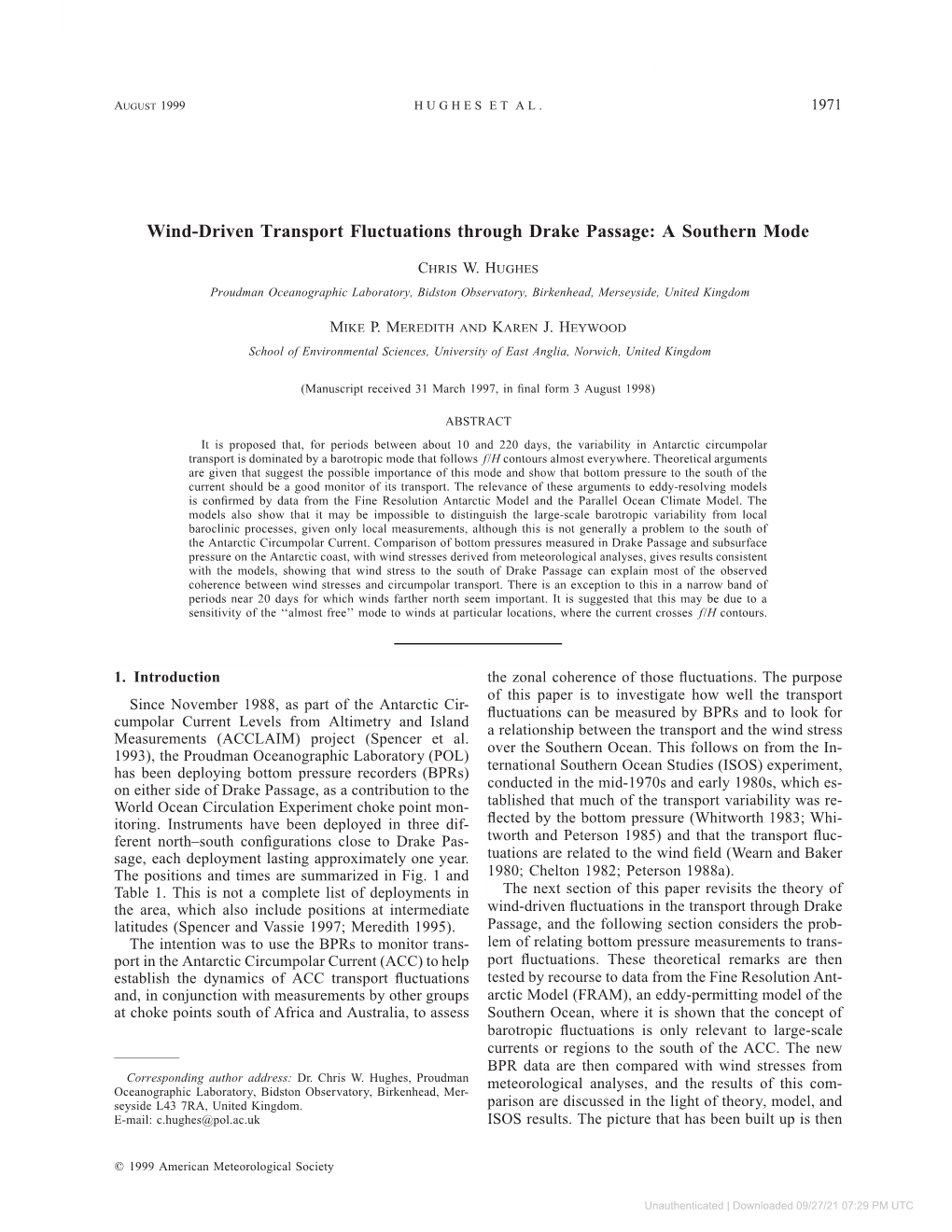 Downloaded 09/27/21 07:29 PM UTC 1972 JOURNAL of PHYSICAL OCEANOGRAPHY VOLUME 29