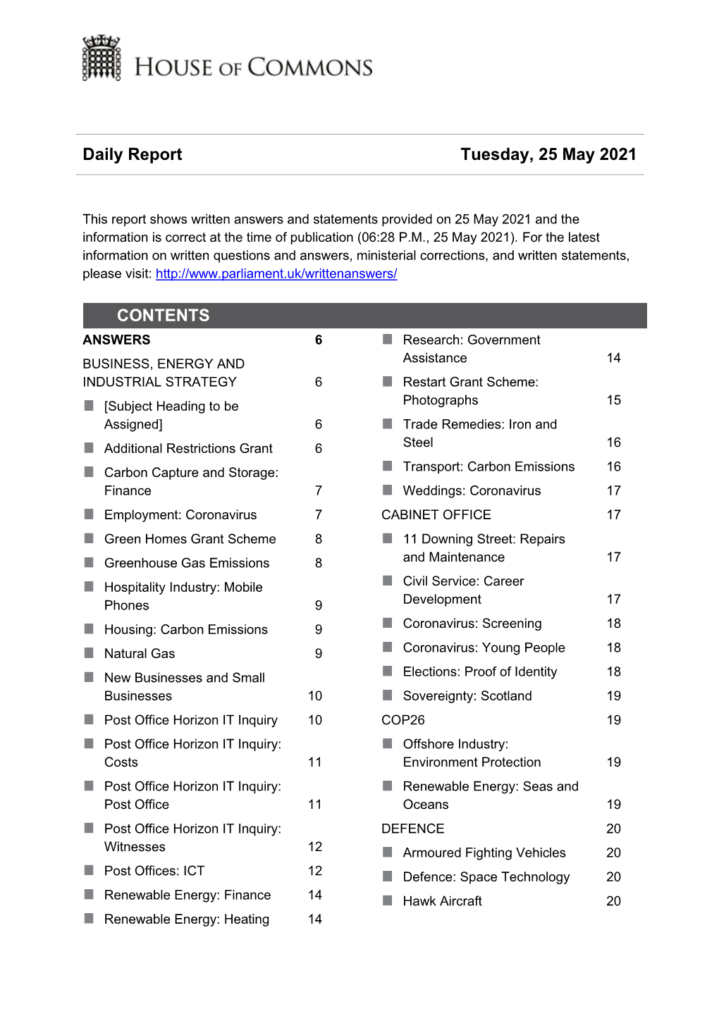 Daily Report Tuesday, 25 May 2021 CONTENTS