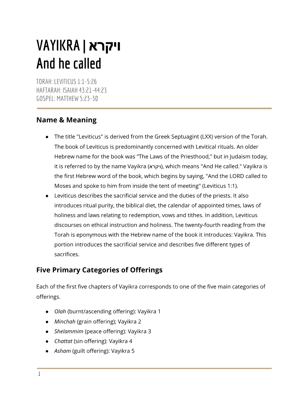 VAYIKRA and He Called TORAH: LEVITICUS 1:1-5:26 HAFTARAH: ISAIAH 43:21-44:23 GOSPEL: MATTHEW 5:23-30