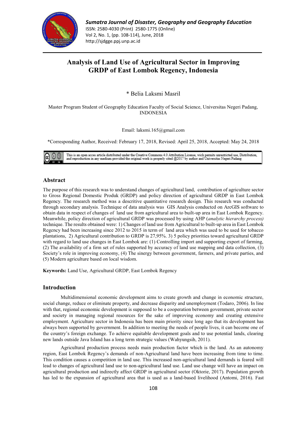 Analysis of Land Use of Agricultural Sector in Improving GRDP of East Lombok Regency, Indonesia