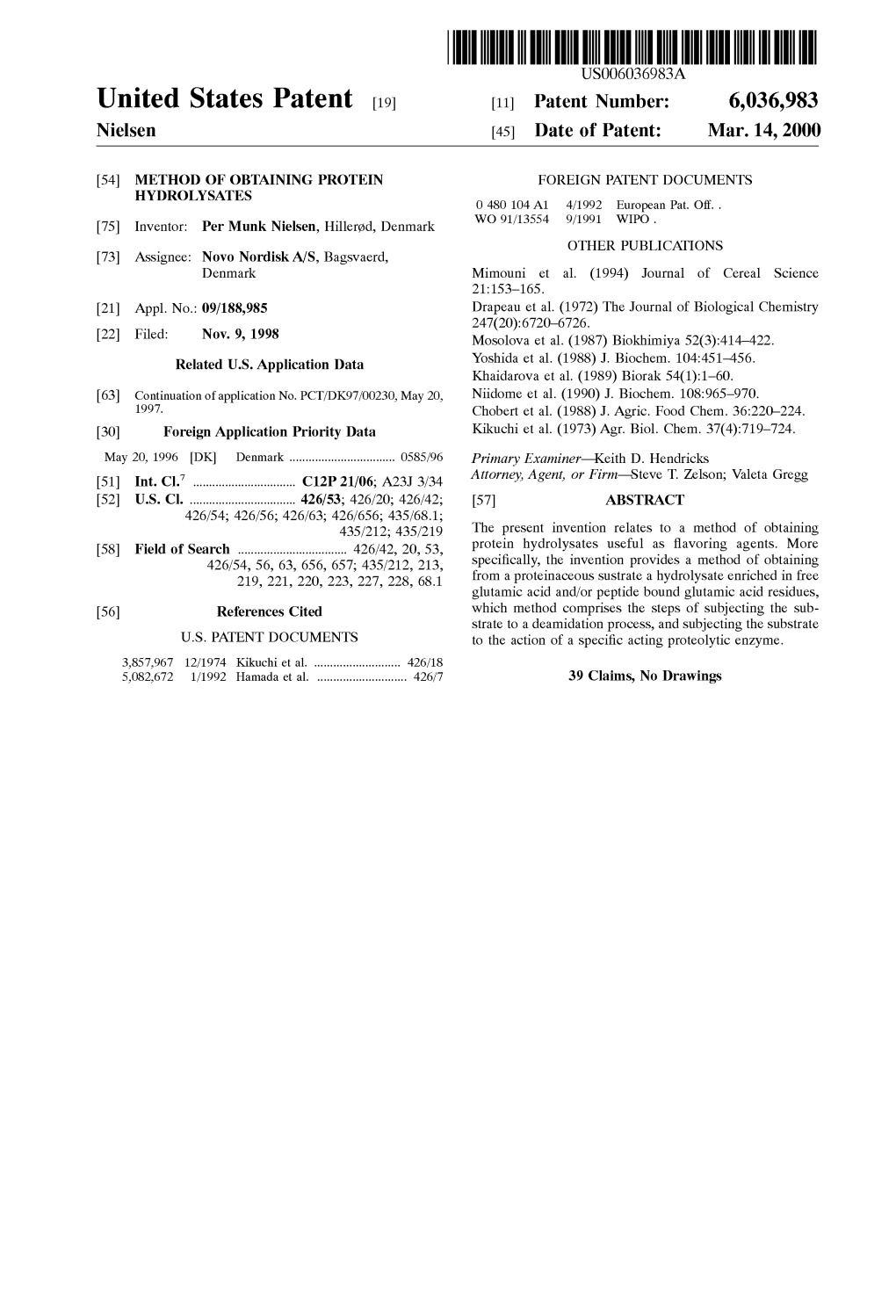 United States Patent (19) 11 Patent Number: 6,036,983 Nielsen (45) Date of Patent: Mar