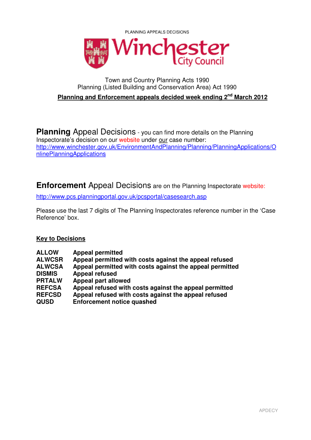 Town and Country Planning Acts 1990 Planning (Listed Building and Conservation Area) Act 1990 Planning and Enforcement Appeals Decided Week Ending 2Nd March 2012