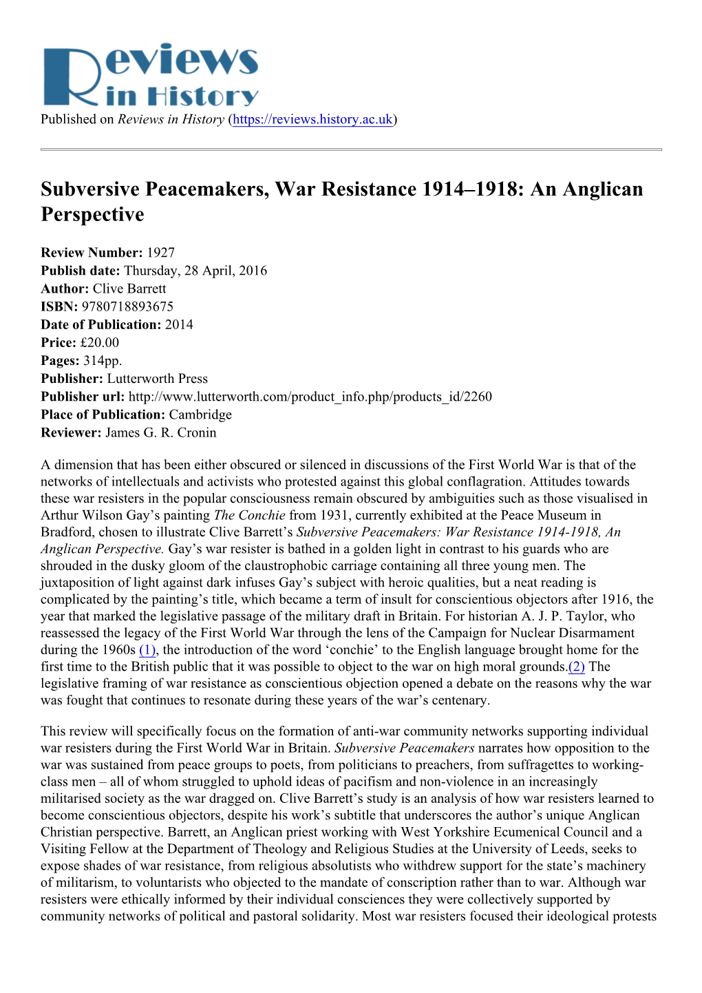 Subversive Peacemakers, War Resistance 1914–1918: an Anglican Perspective