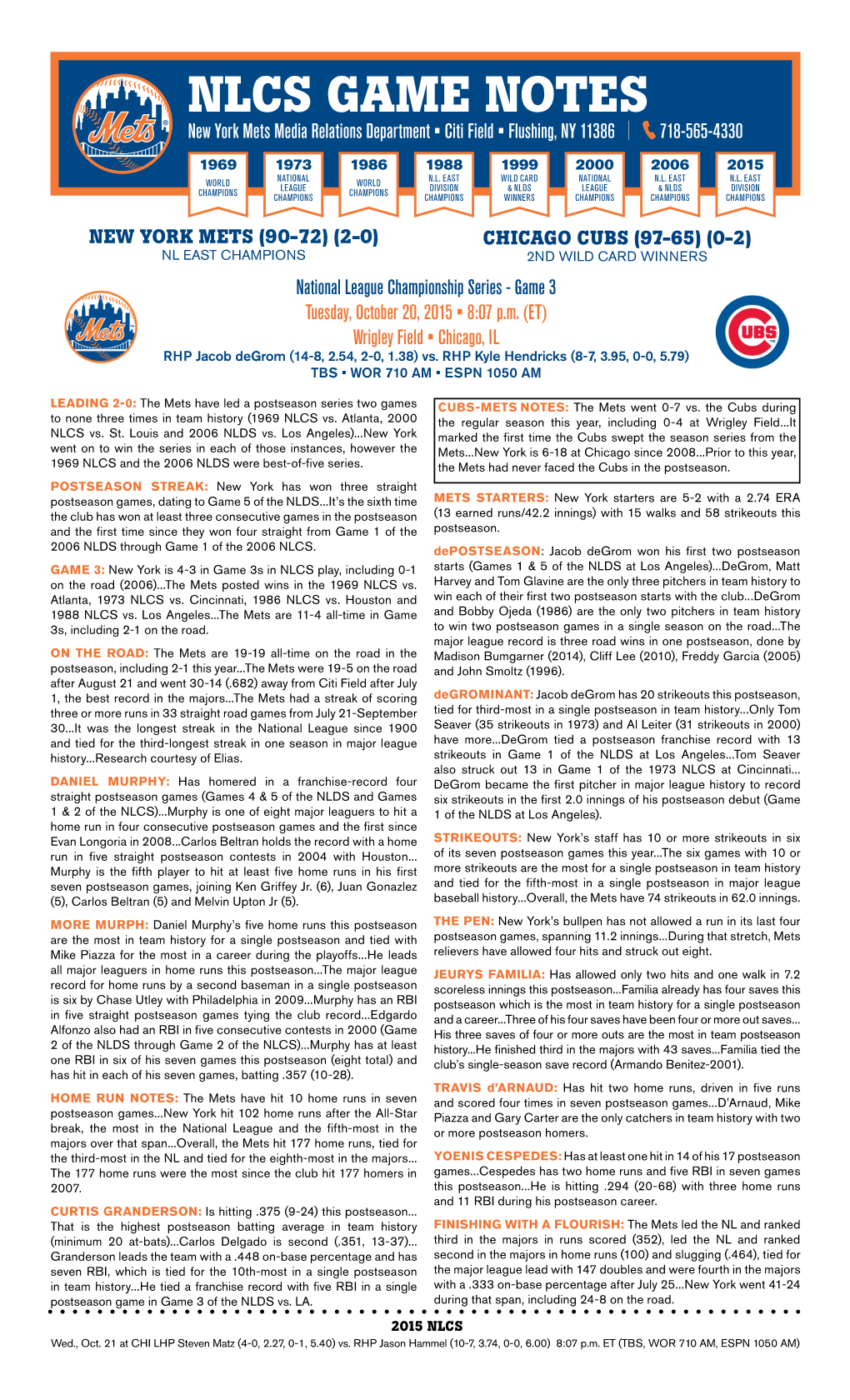 NLCS GAME NOTES New York Mets Media Relations Department • Citi Field • Flushing, NY 11386 | 718-565-4330 1969 1973 1986 1988 1999 2000 2006 2015 NATIONAL N.L