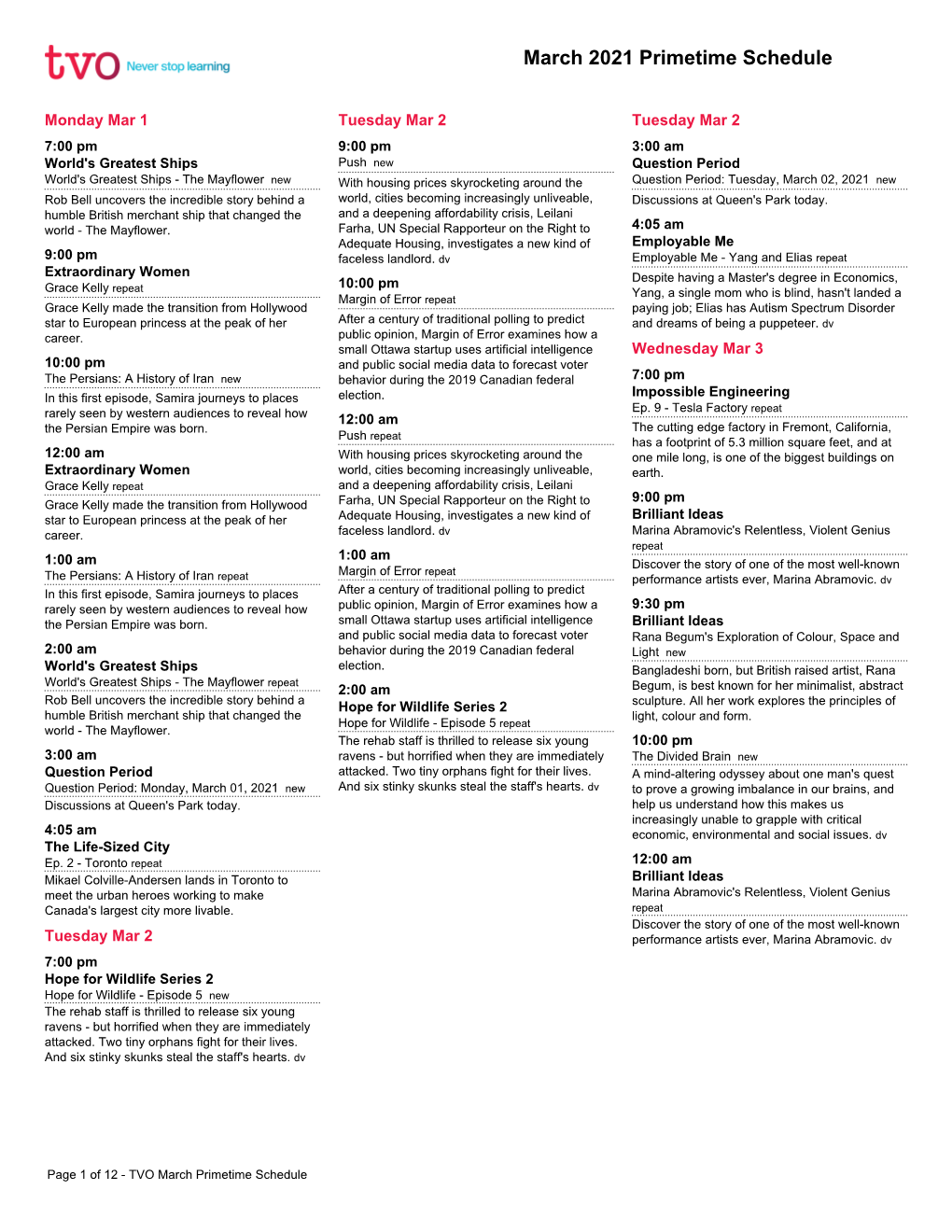 March 2021 Primetime Schedule