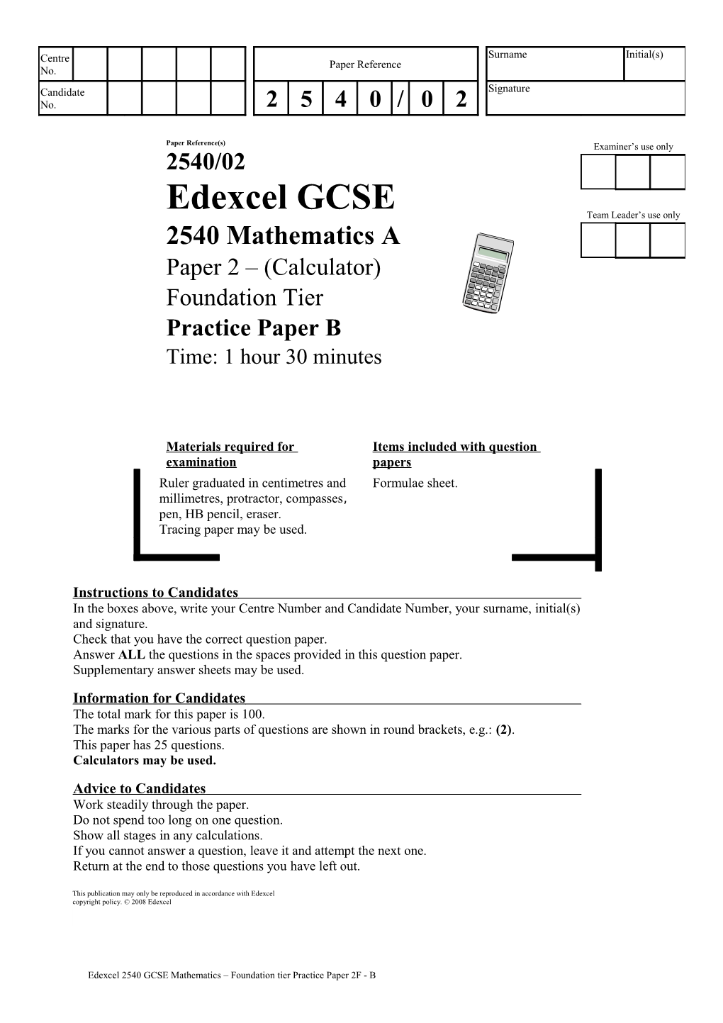 Formulae Sheet Foundation Tier