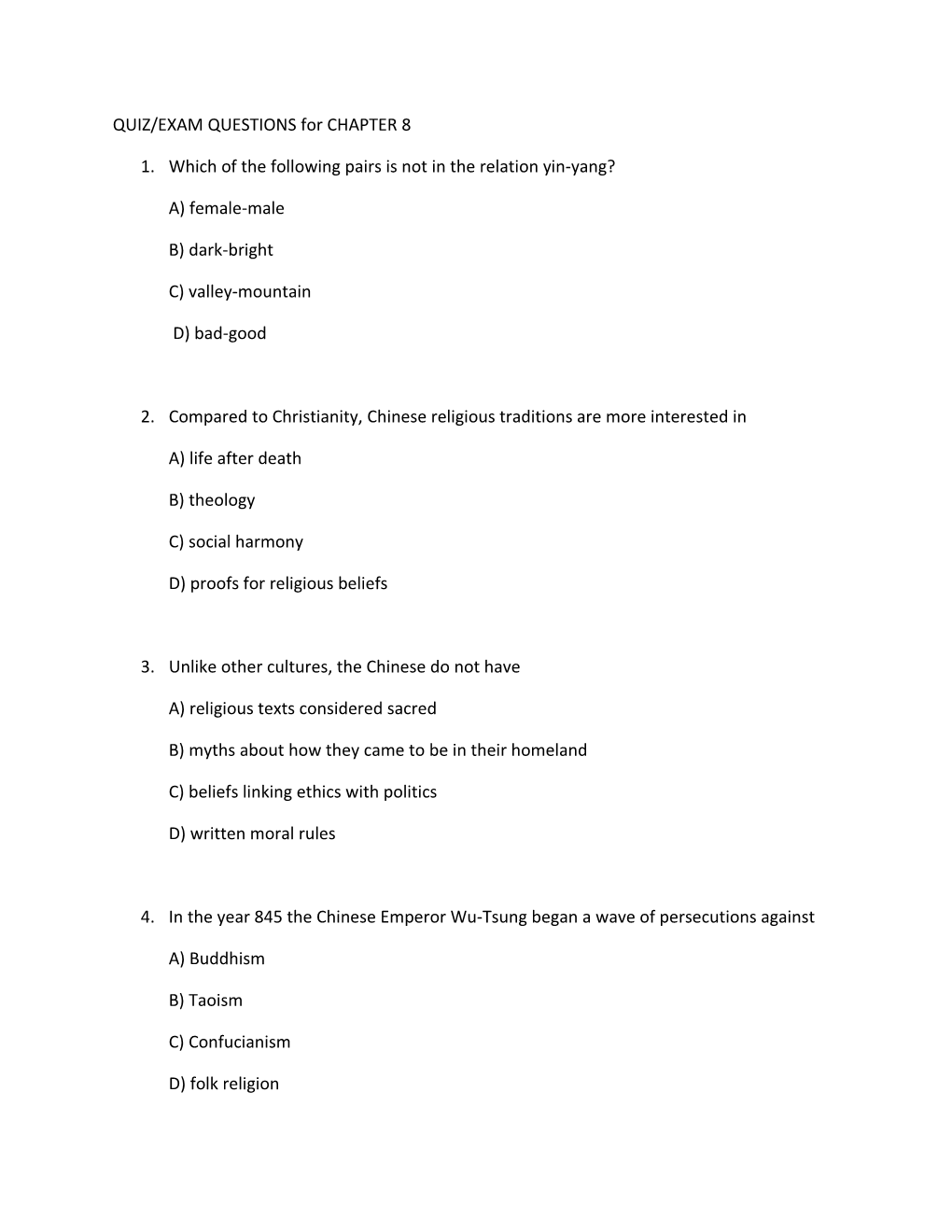 QUIZ/EXAM QUESTIONS for CHAPTER 8