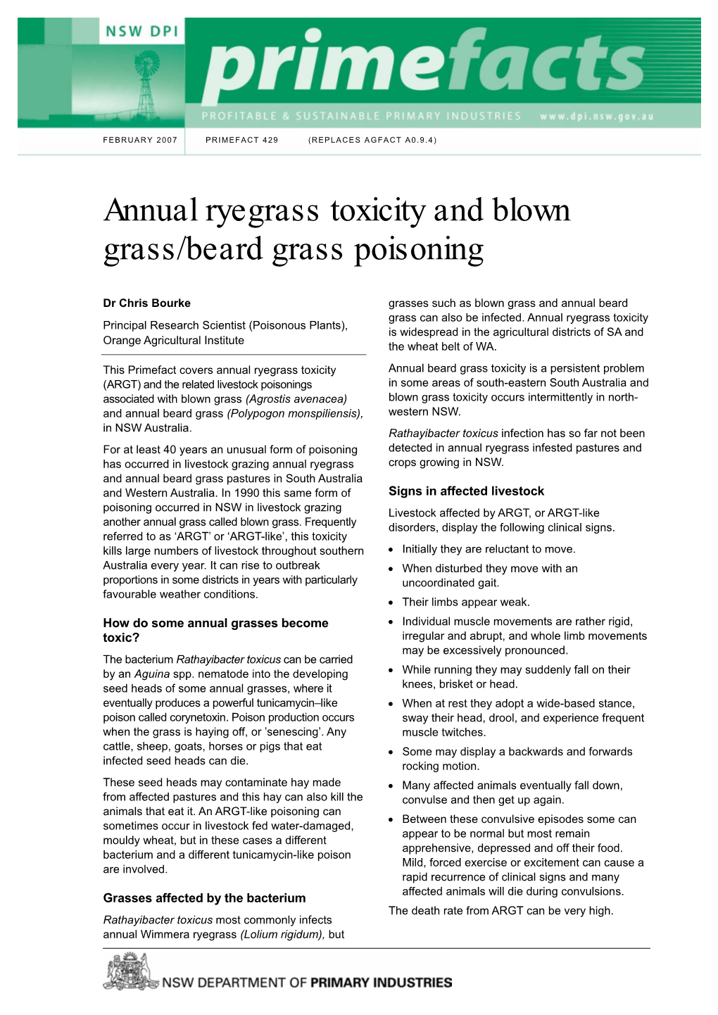 Annual Ryegrass Toxicity and Blown Grass/Beard Grass Poisoning