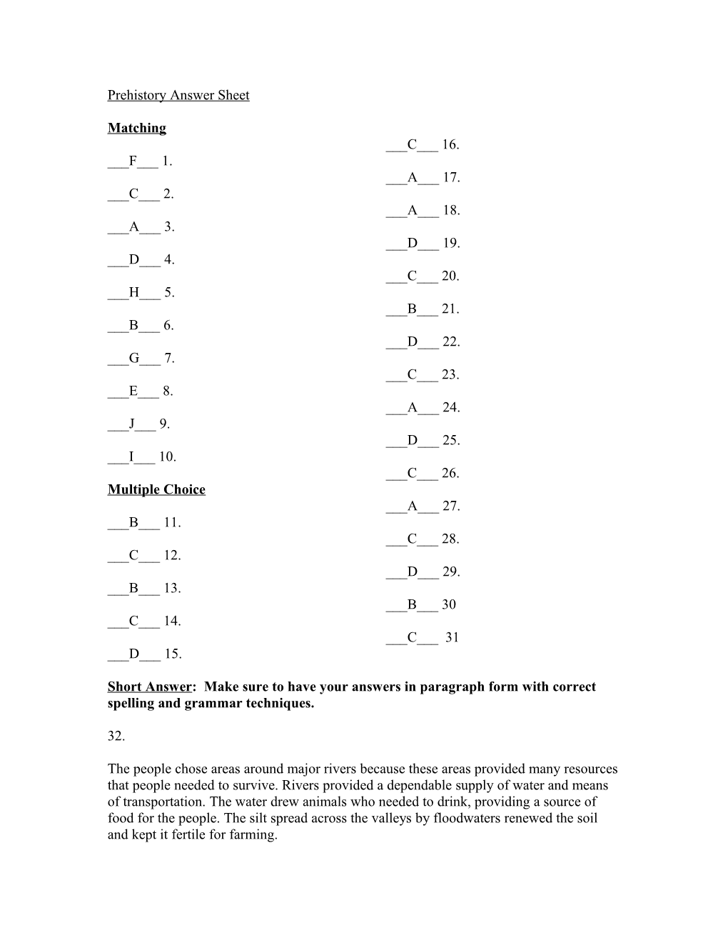 Egypt and Mesopotamia Answer Sheet