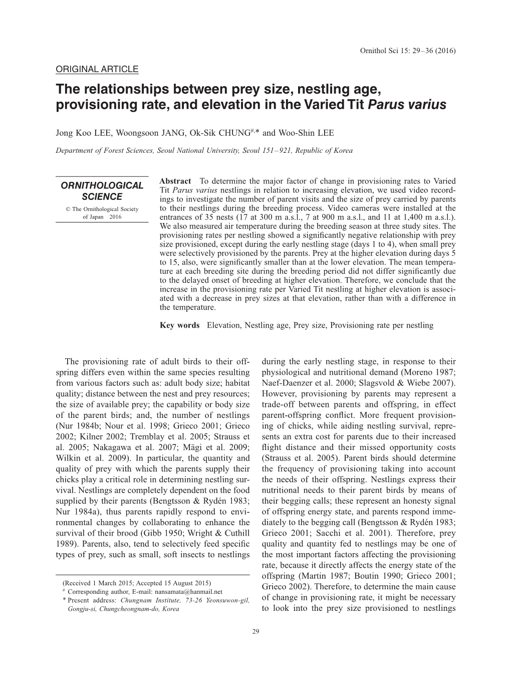 The Relationships Between Prey Size, Nestling Age, Provisioning Rate, and Elevation in the Varied Tit Parus Varius