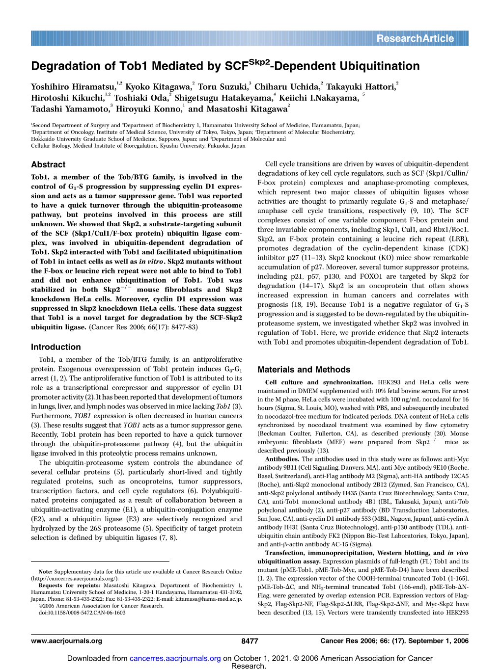 Degradation of Tob1 Mediated by SCF -Dependent Ubiquitination