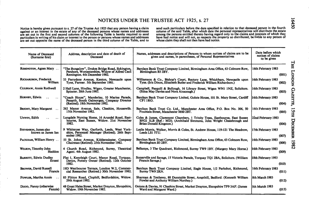 NOTICES UNDER the TRUSTEE ACT 1925, S. 27 £ Notice Is Hereby Given Pursuant to S