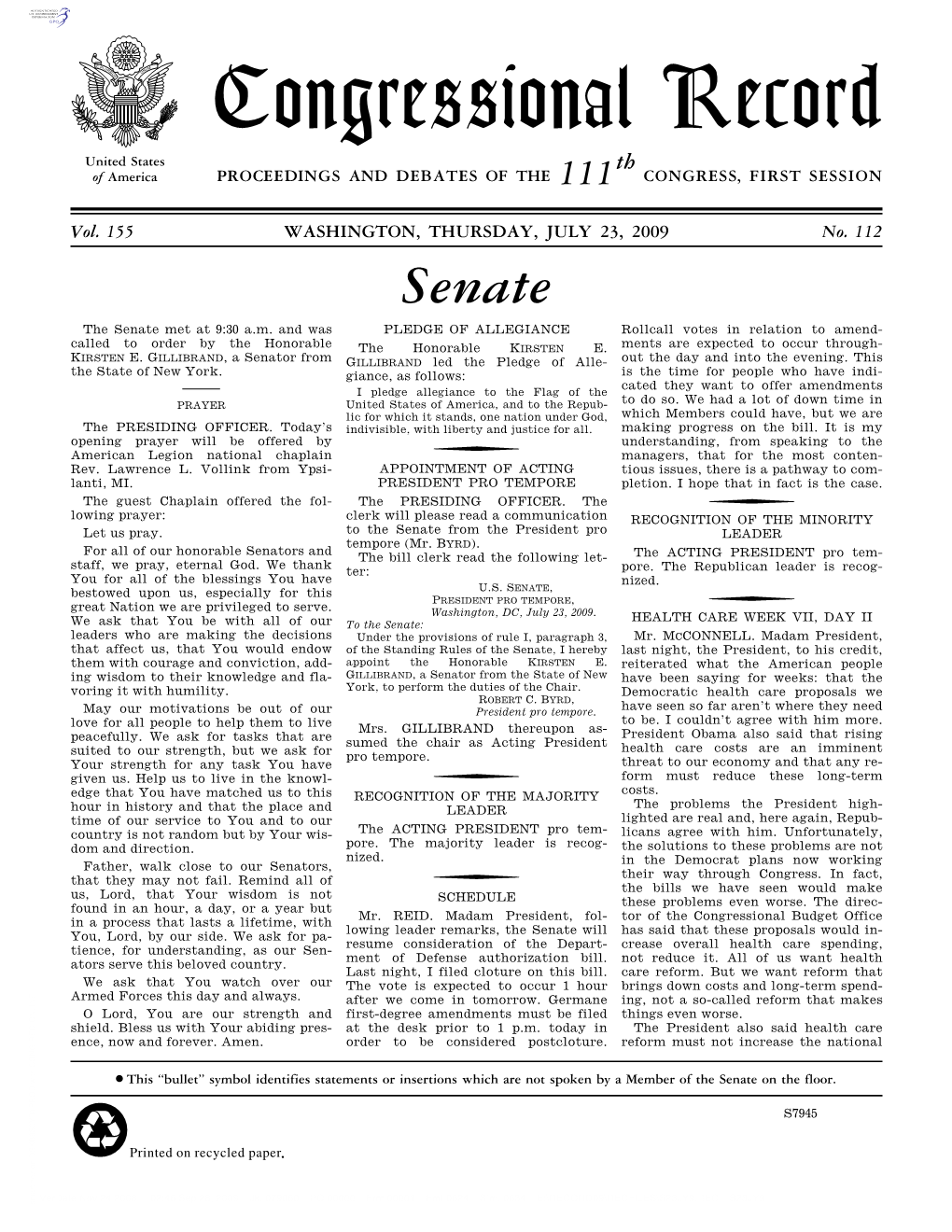 Congressional Record United States Th of America PROCEEDINGS and DEBATES of the 111 CONGRESS, FIRST SESSION