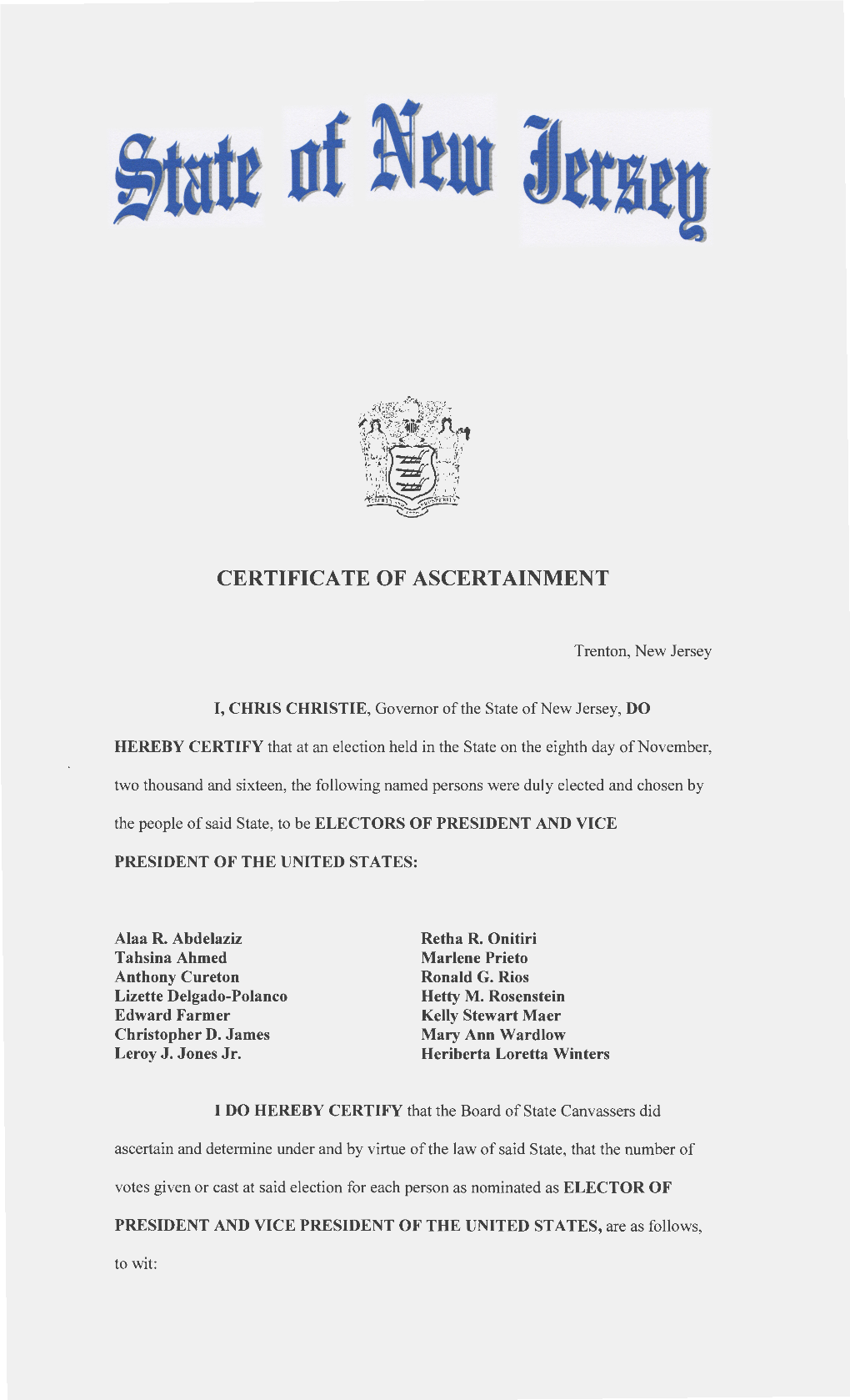 New Jersey Certificate of Ascertainment