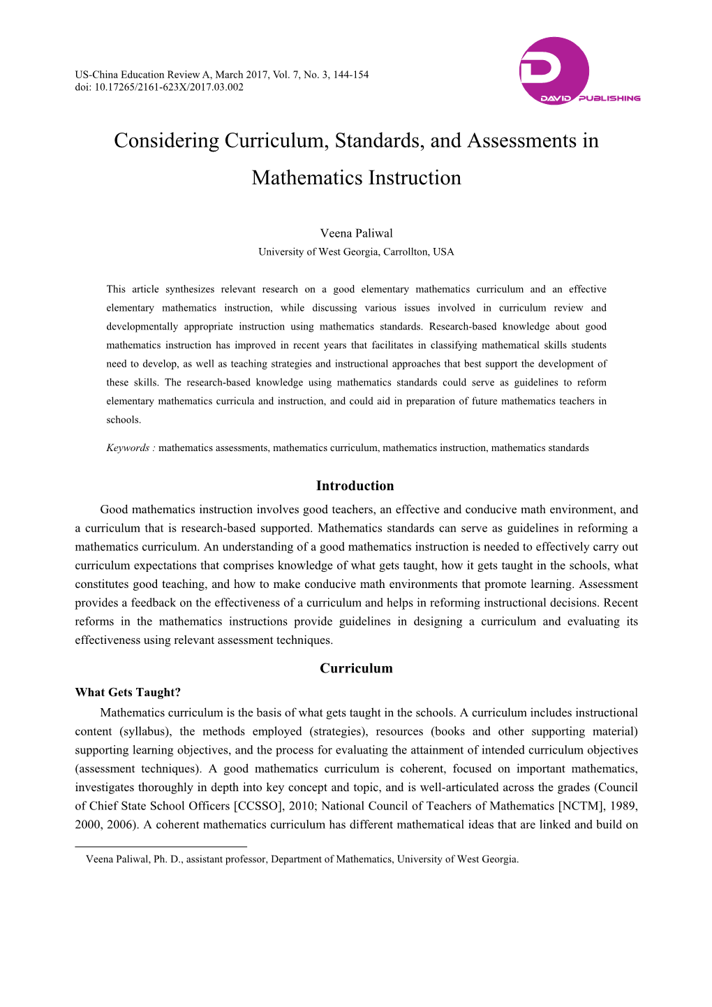 Considering Curriculum, Standards, and Assessments in Mathematics Instruction