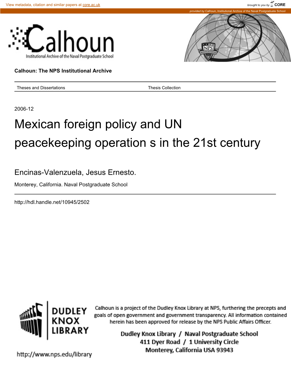 Mexican Foreign Policy and UN Peacekeeping Operation S in the 21St Century