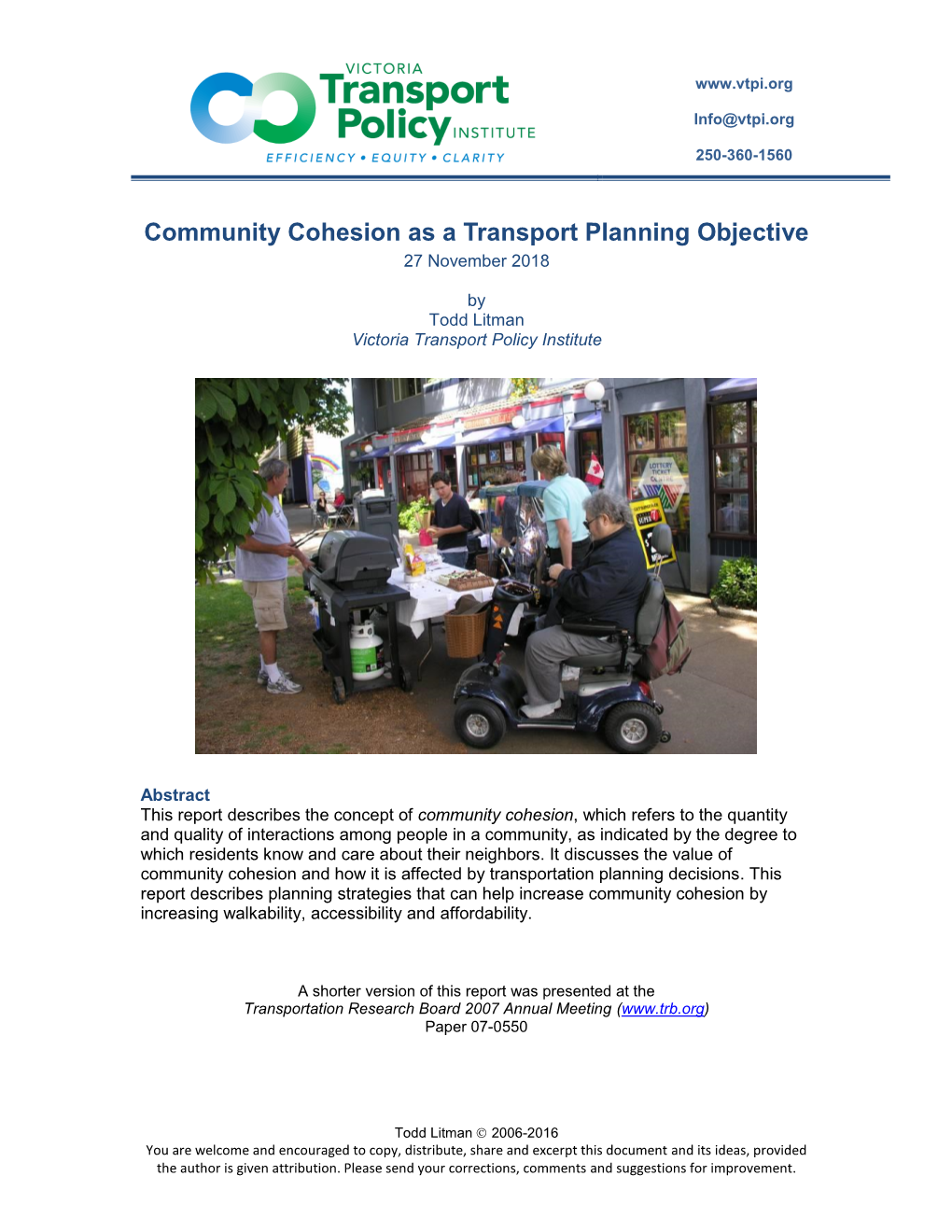 Community Cohesion As a Transport Planning Objective 27 November 2018