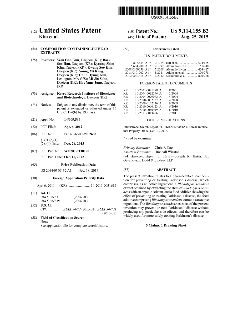 (12) United States Patent (10) Patent No.: US 9,114,155 B2 Kim Et Al