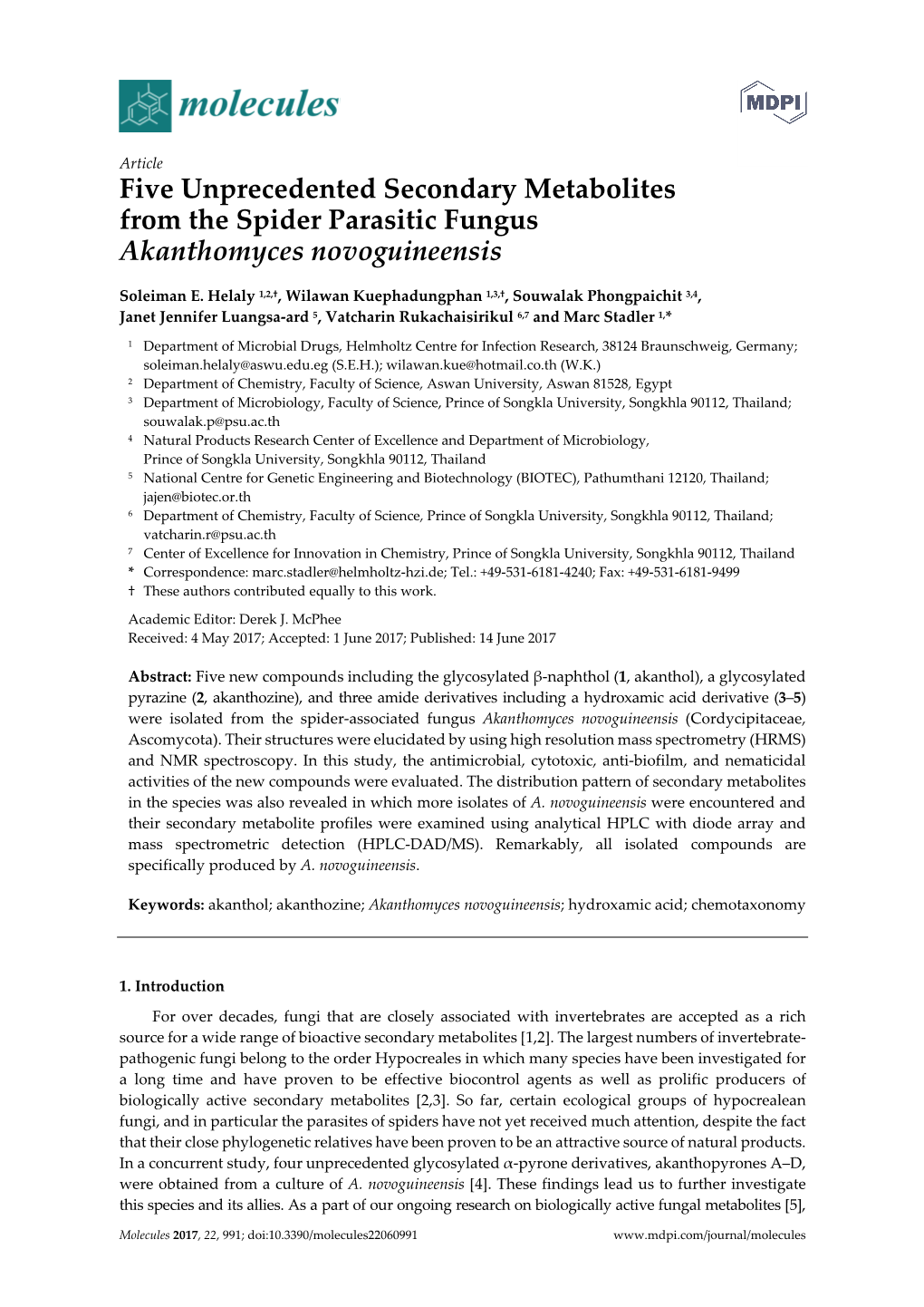 Five Unprecedented Secondary Metabolites from the Spider Parasitic Fungus Akanthomyces Novoguineensis