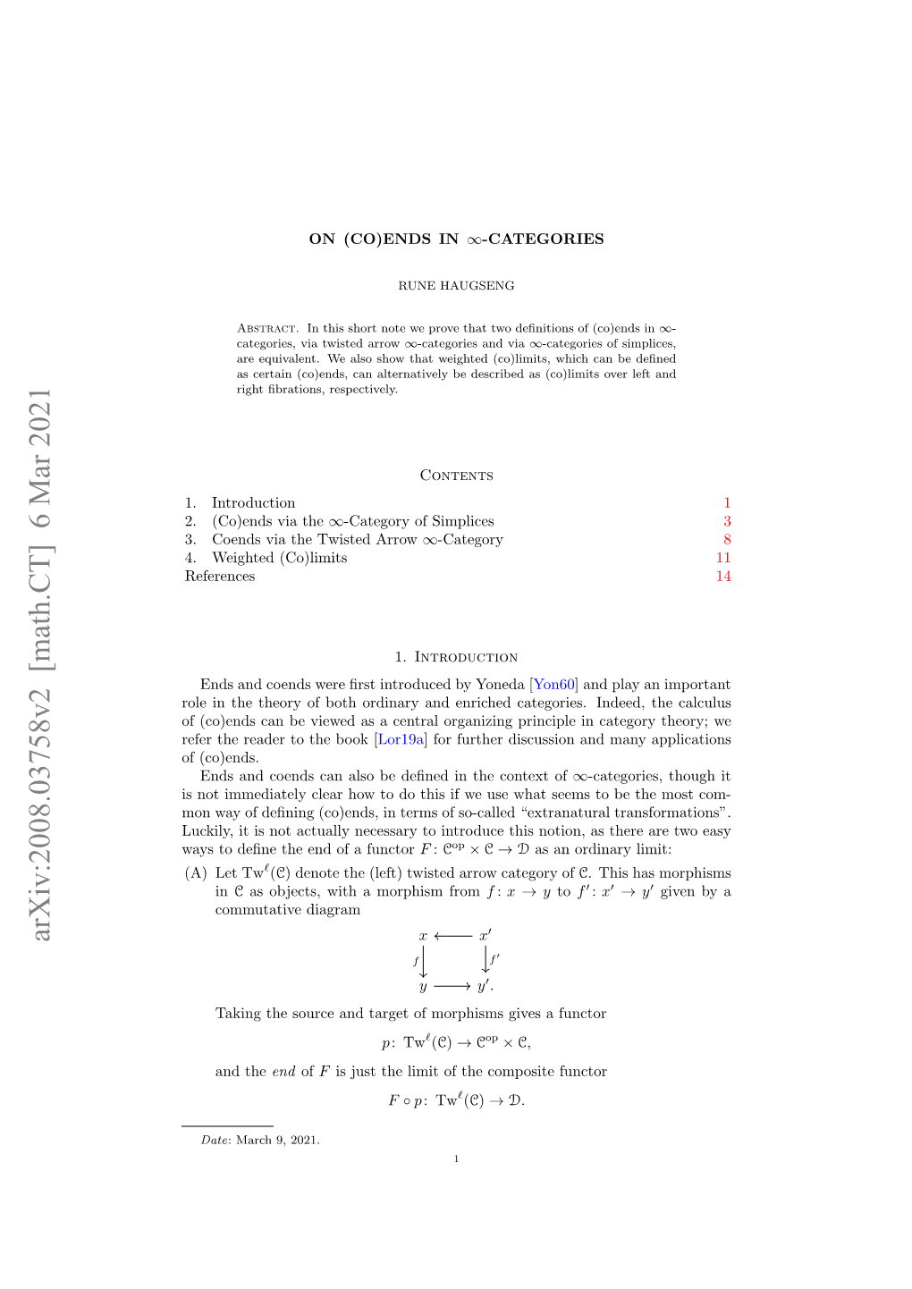 Arxiv:2008.03758V2 [Math.CT] 6 Mar 2021 X X