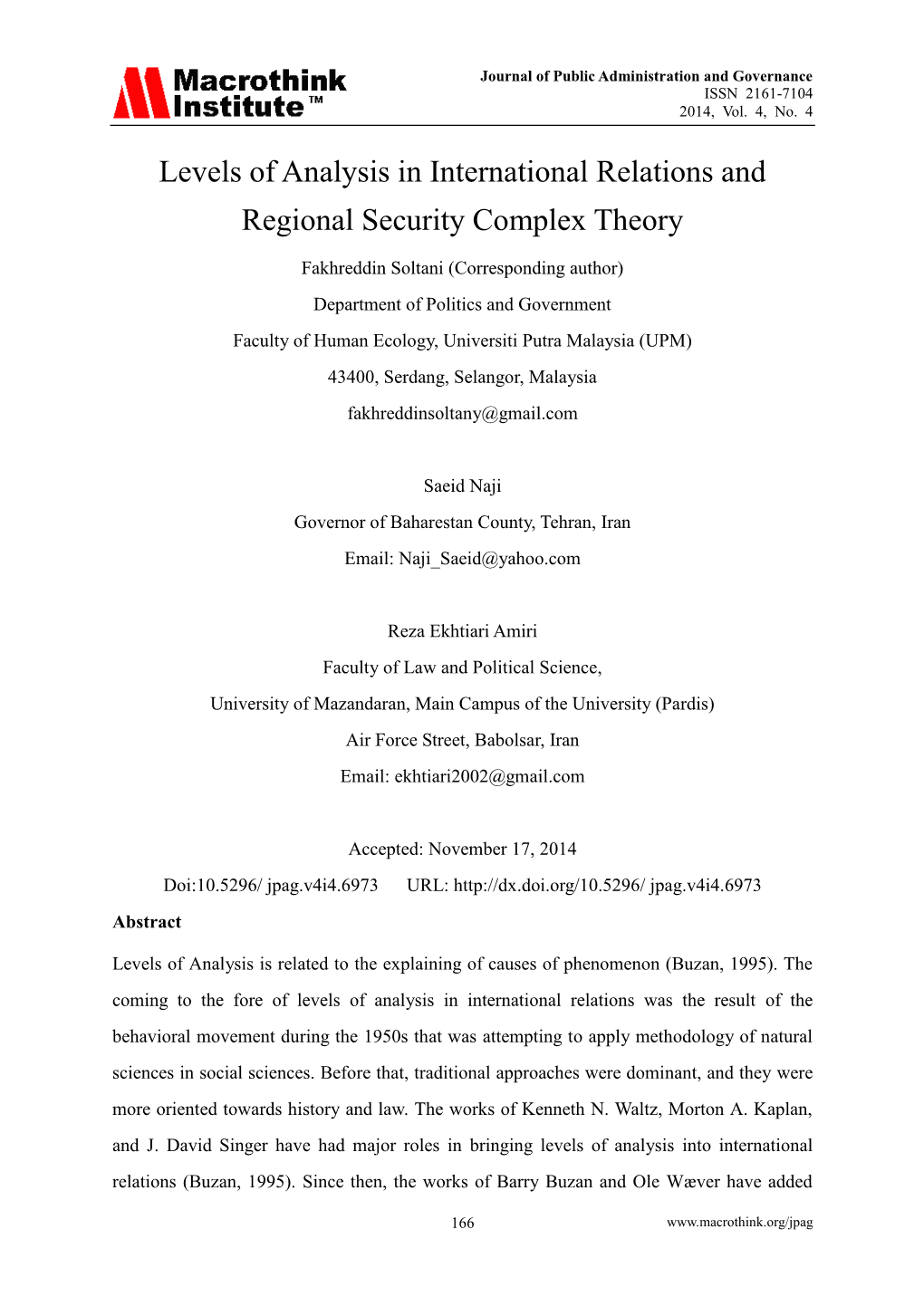 Levels of Analysis in International Relations and Regional Security Complex Theory