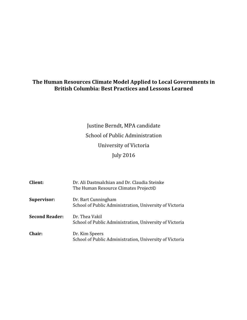 The Human Resources Climate Model Applied to Local Governments in British Columbia: Best Practices and Lessons Learned