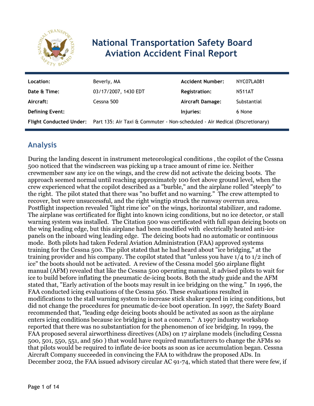 National Transportation Safety Board Aviation Accident Final Report