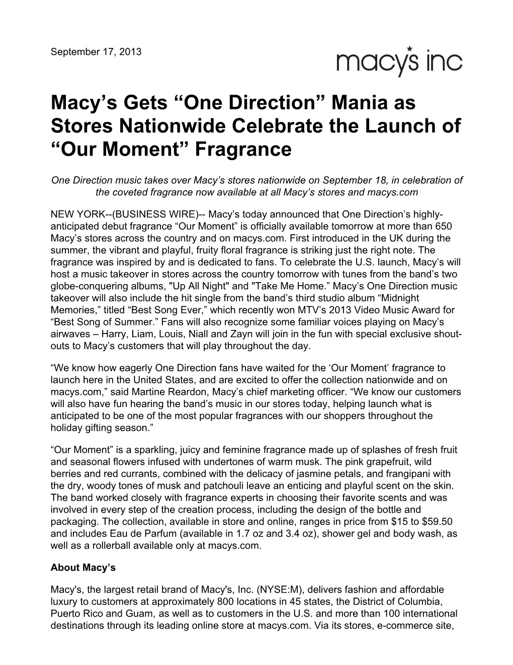 Macy's Gets “One Direction” Mania As Stores