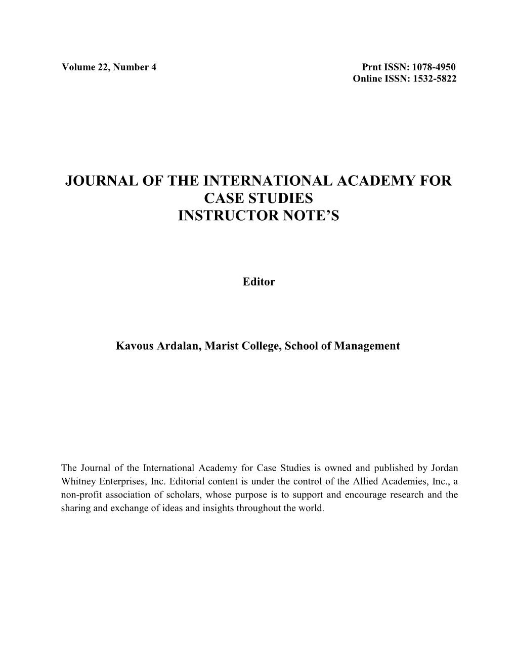 Journal of the International Academy for Case Studies Instructor Note’S