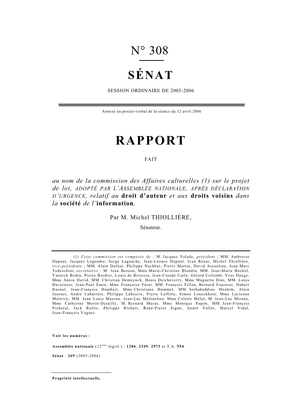 Rapport Sur Le Projet De Loi Relatif Au Droit D'auteur Et Aux Droits Voisins Dans