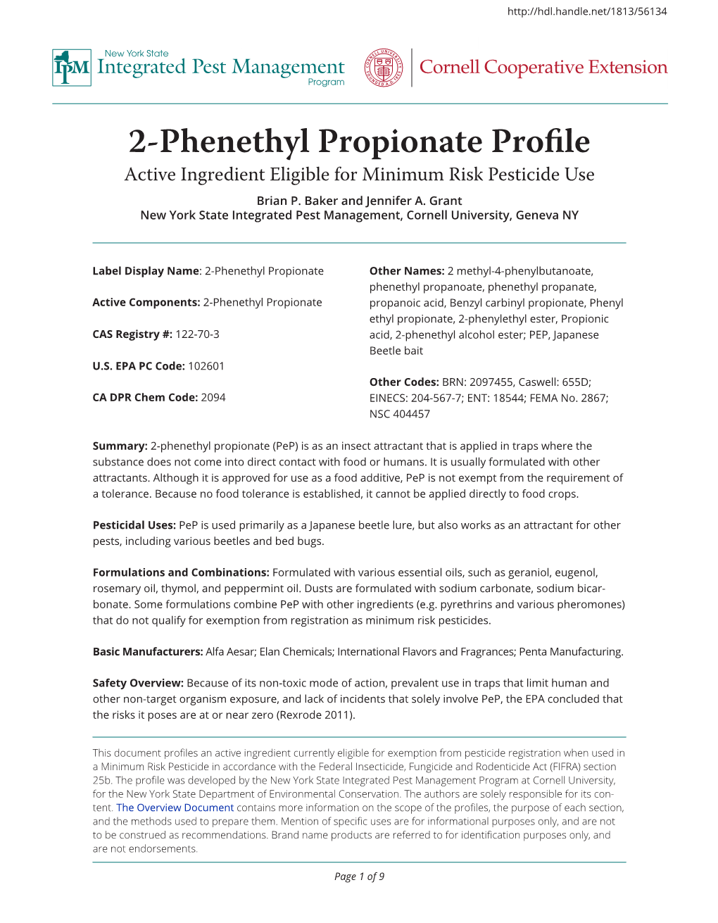 2-Phenethyl Propionate Profile Integrated Pest Management Cornell Cooperative Extension Program