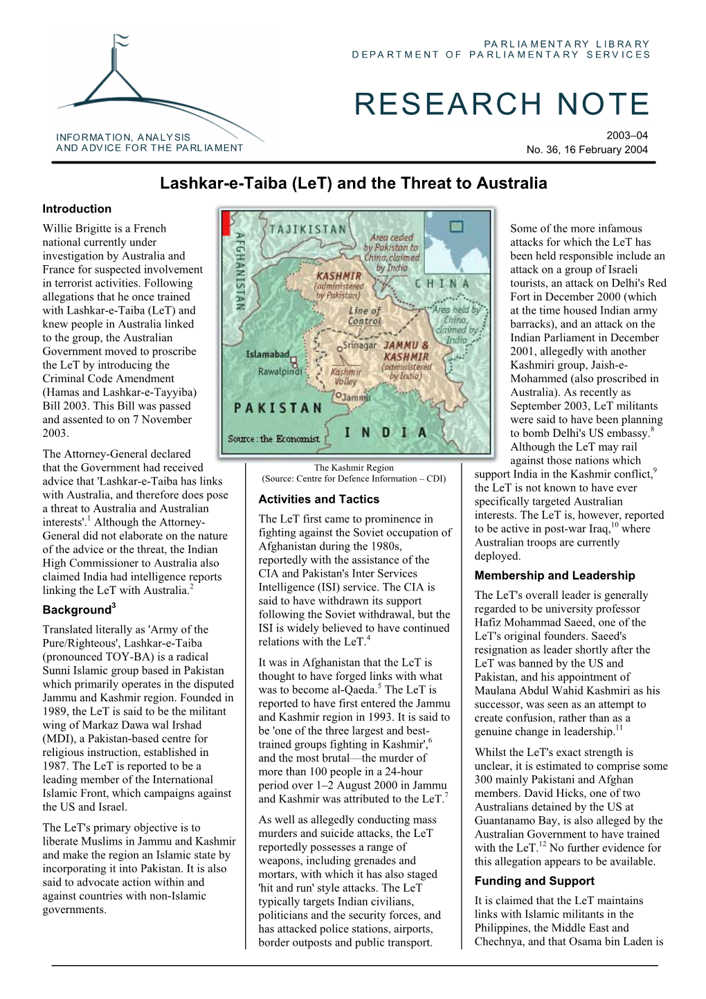 Lashkar-E-Taiba (Let) and the Threat to Australia