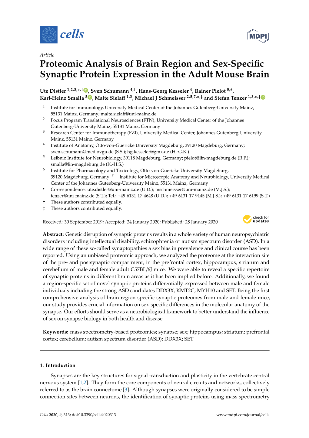 Proteomic Analysis of Brain Region and Sex-Specific Synaptic Protein Expression in the Adult Mouse Brain