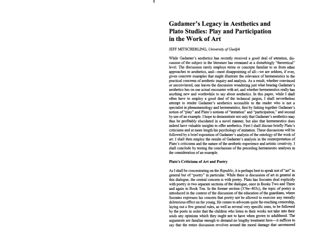 Gadamer's Legacy in Aesthetics and Plato Studies: Play and Participation in the Work of Art