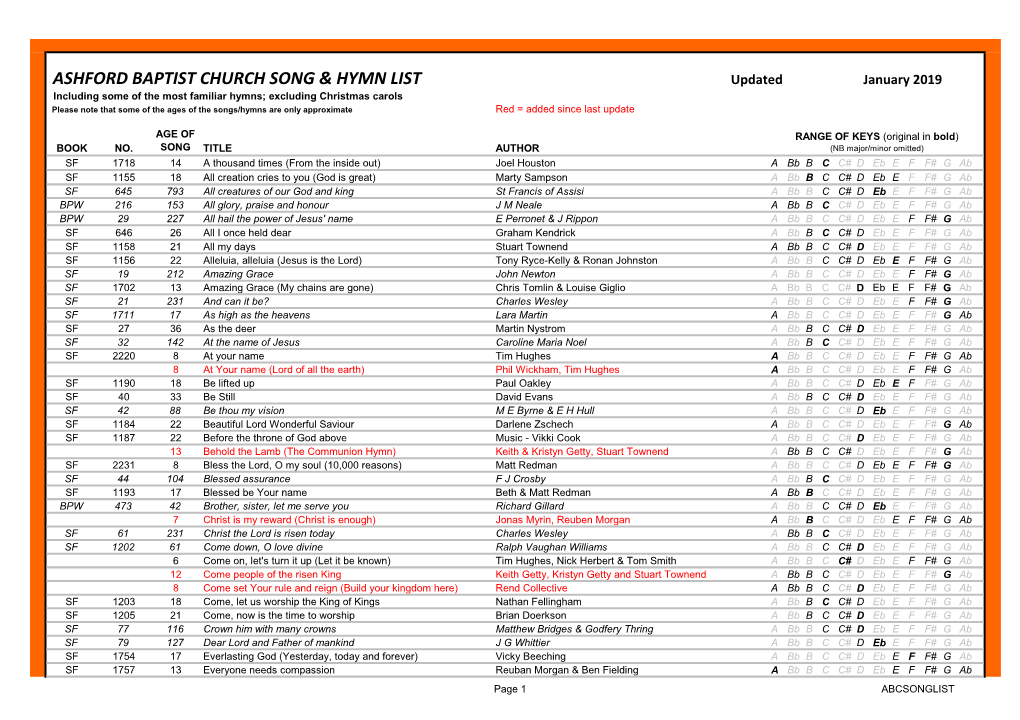 Ashford Baptist Church Song & Hymn List