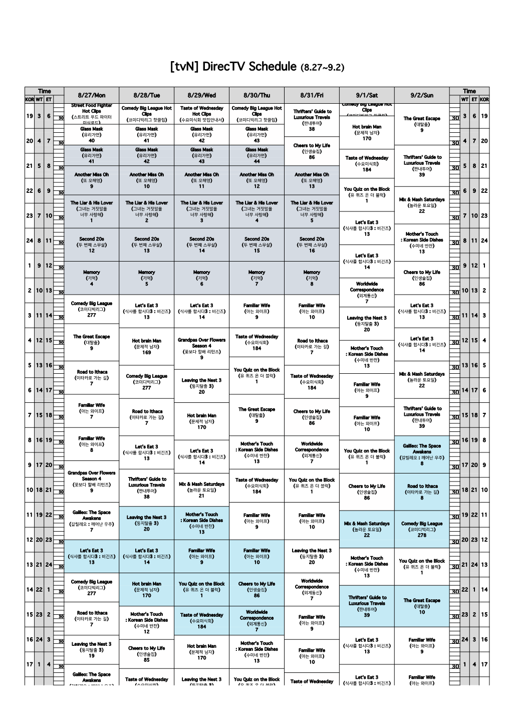 Tvn] Directv Schedule (8.27~9.2)