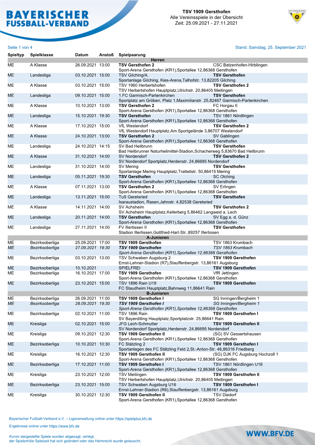 TSV 1909 Gersthofen Alle Vereinsspiele in Der Übersicht Zeit: 25.09.2021 - 27.11.2021