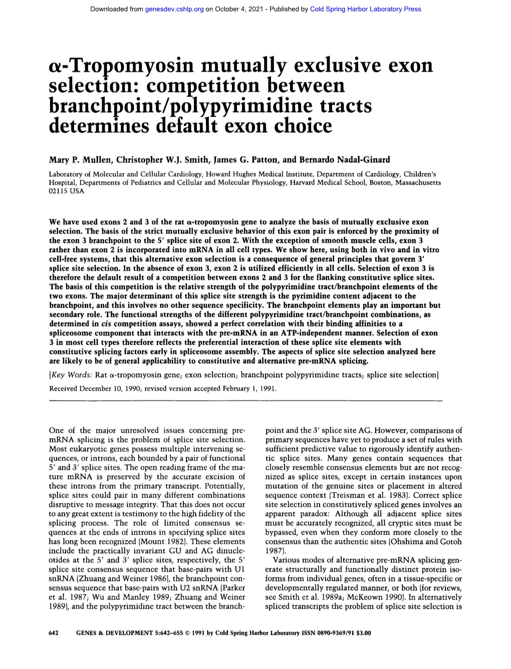 Tropomyosin Mutually Exclusive Exon Selection, Competition Between Branchpolnt/Polypynmidine Tracts Determines Default Exon Choice