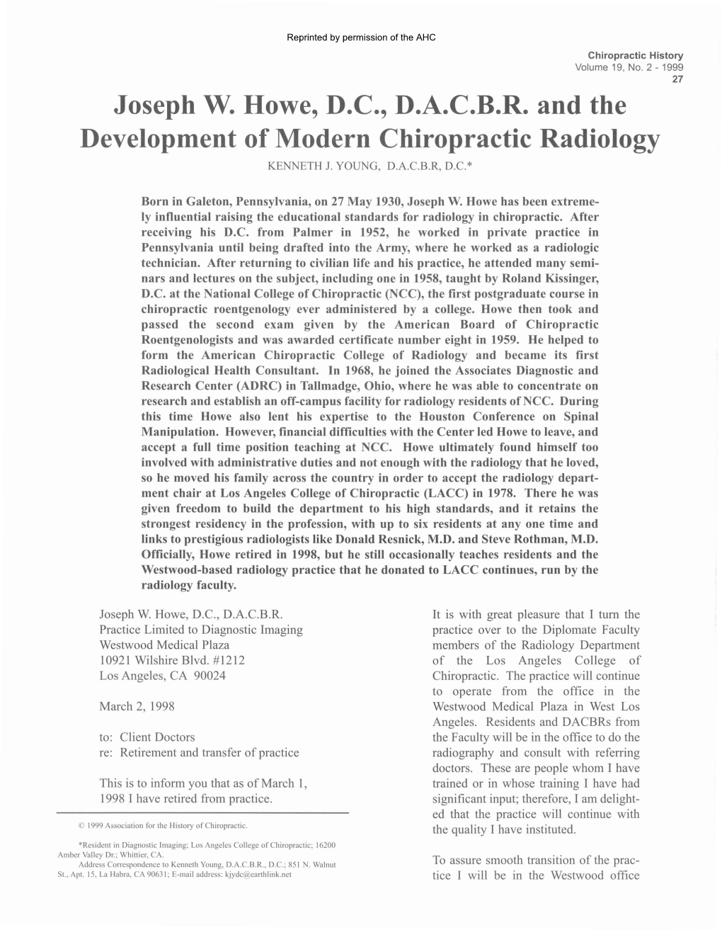 Joseph W. Howe, D.C., D.A.C.B.R. and the Development of Modern Chiropractic Radiology KENNETH 1