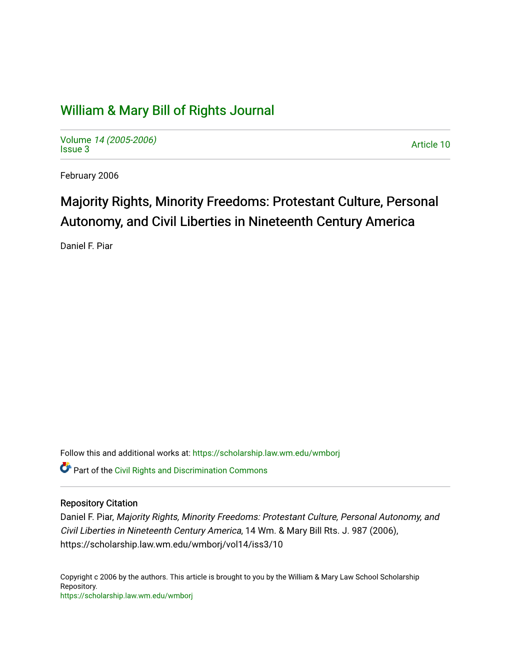 Majority Rights, Minority Freedoms: Protestant Culture, Personal Autonomy, and Civil Liberties in Nineteenth Century America