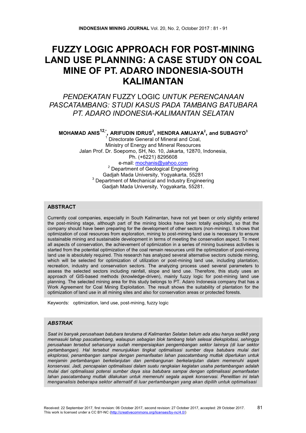 Fuzzy Logic Approach for Post-Mining Land Use Planning: a Case Study on Coal Mine of Pt