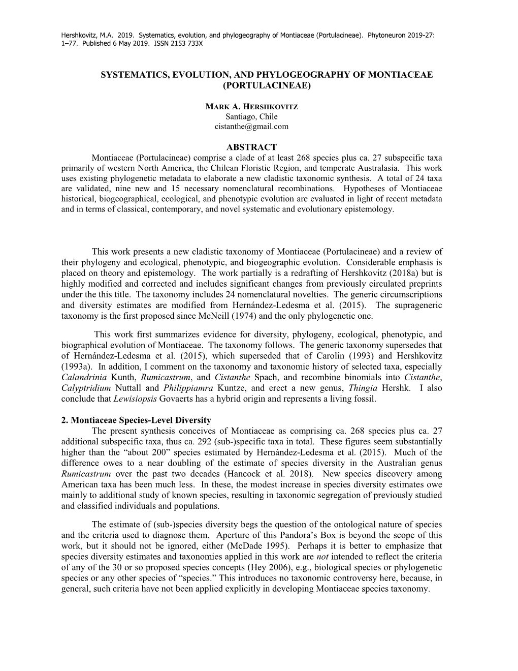 Systematics, Evolution, and Phylogeography of Montiaceae (Portulacineae)