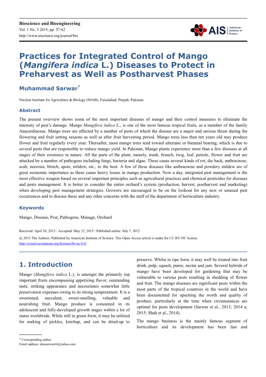 Practices for Integrated Control of Mango (Mangifera Indica L.) Diseases to Protect in Preharvest As Well As Postharvest Phases