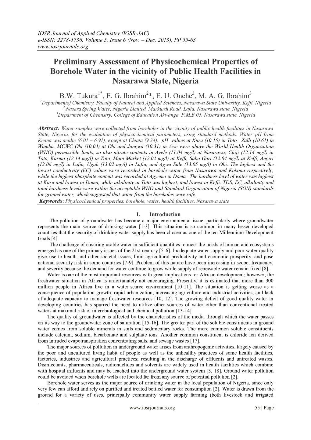 Preliminary Assessment of Physicochemical Properties of Borehole Water in the Vicinity of Public Health Facilities in Nasarawa State, Nigeria