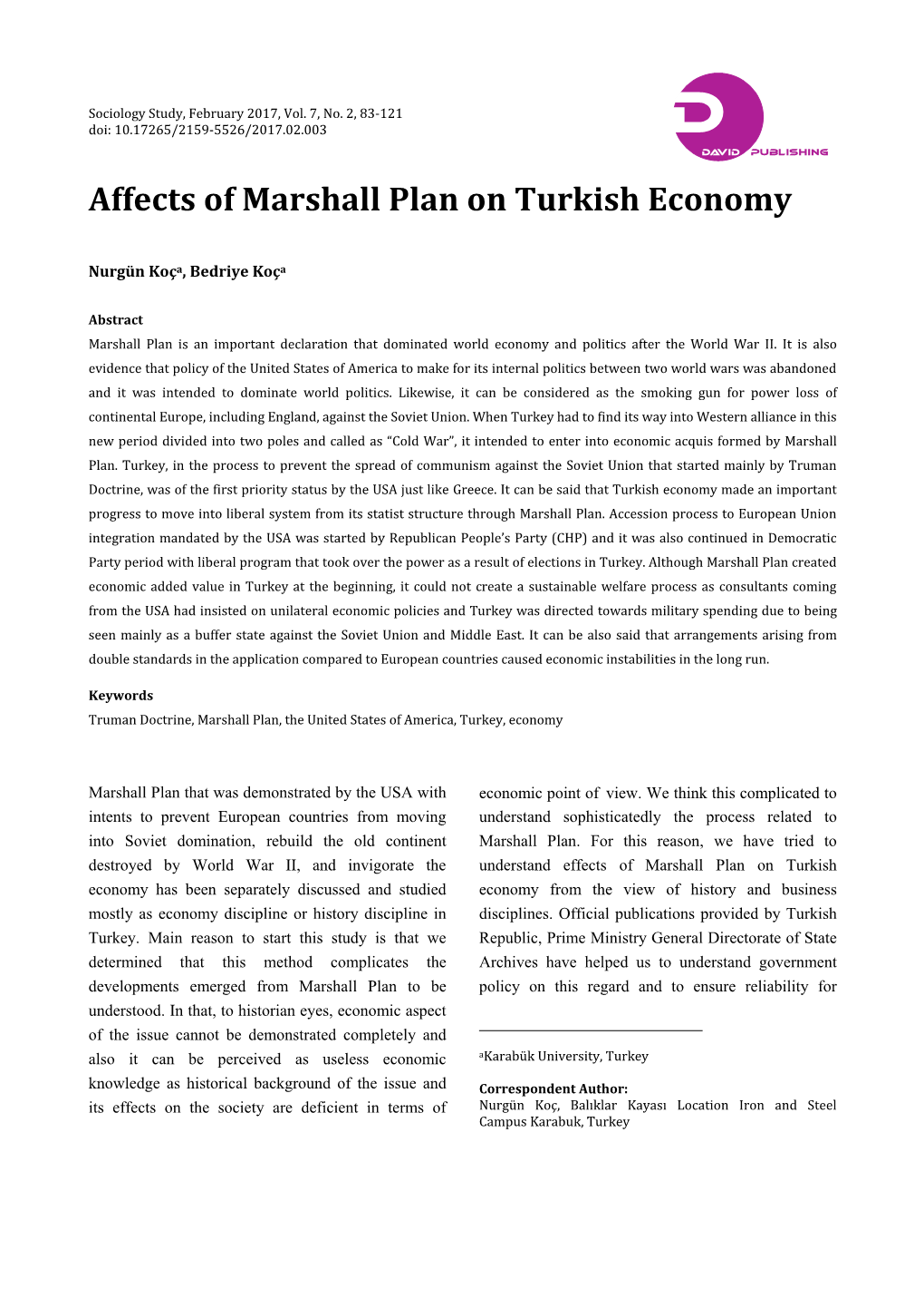 Affects of Marshall Plan on Turkish Economy